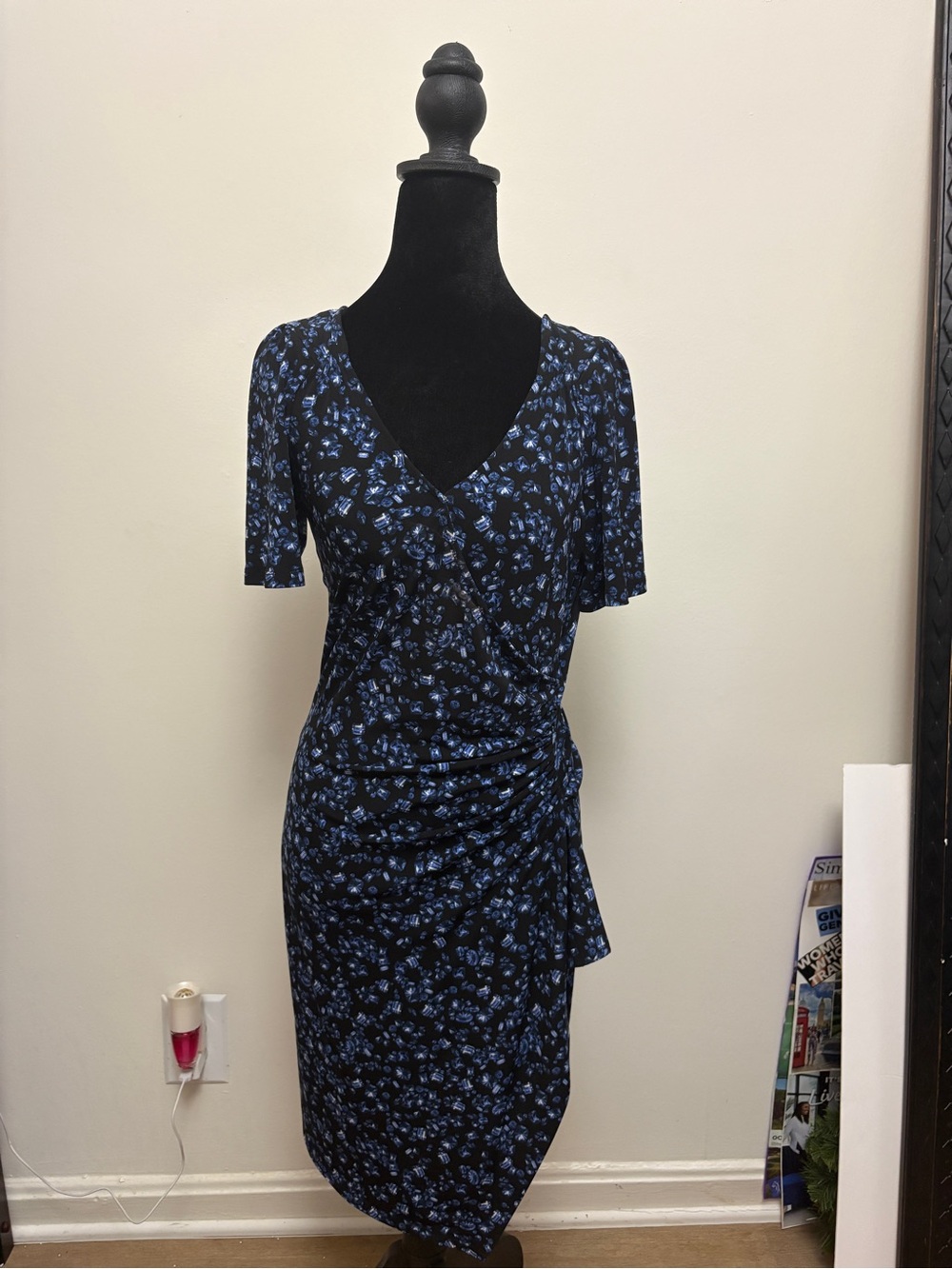 Michael Kors Navy Blue Floral Wrap Midi Dress